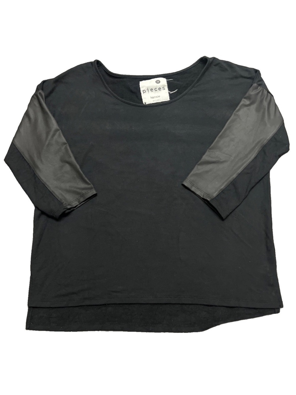 Pieces by Kensie Black Top Medium Faux Leather 3/4 Sleeve Oversized Tunic Blouse